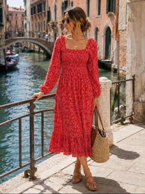 Anthropologie Dolan Women’s Floral Smocked Long Sleeve Midi Dress Large NWT Boho